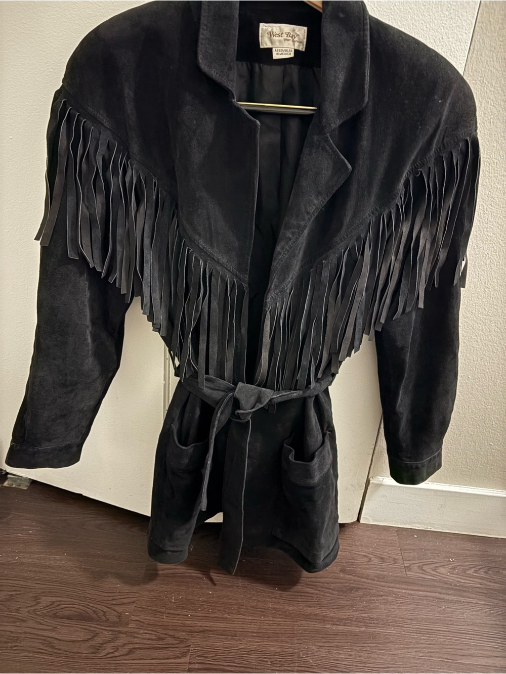 Vintage Black Suede Fringe Jacket with Belt